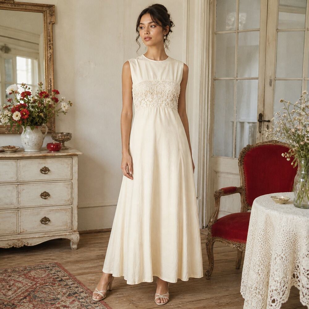 70s Ecru Cotton Crochet Empire Waist Maxi Dress Garden Party Boho - XS